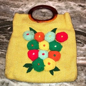 Vintage yarn flowers and yellow tweed hand bag